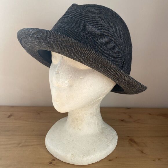 TownCraft Wool Fedora Vtg Brown Herringbone Tweed Felt Men's Dress Hat Sz L 58cm - Picture 1 of 10